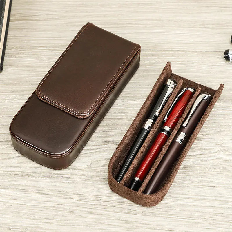 Handmade Leather Pen Case with Magnetic Drawer (Set of 3)