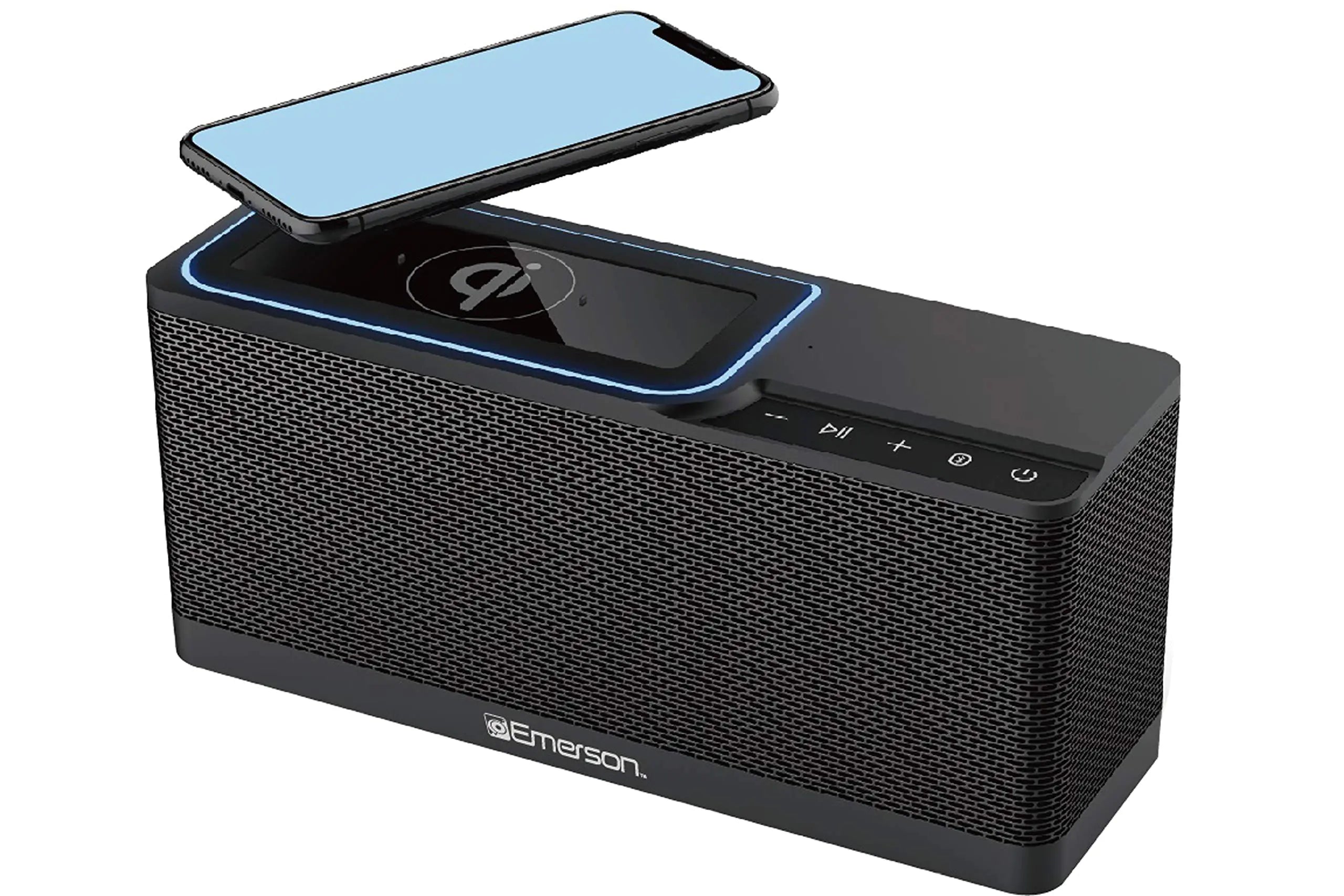 Emerson ER-BTW100 Portable Bluetooth Speaker with 20 Watt Stereo QI Wireless Charging Hands Free Calling and Additional USB Charging Black