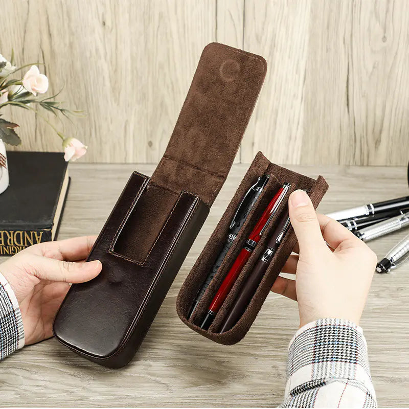 Handmade Leather Pen Case with Magnetic Drawer (Set of 3)