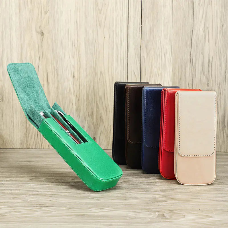 Handmade Leather Pen Case with Magnetic Drawer (Set of 3)